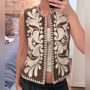 Zara Green and White Embroidered Vest